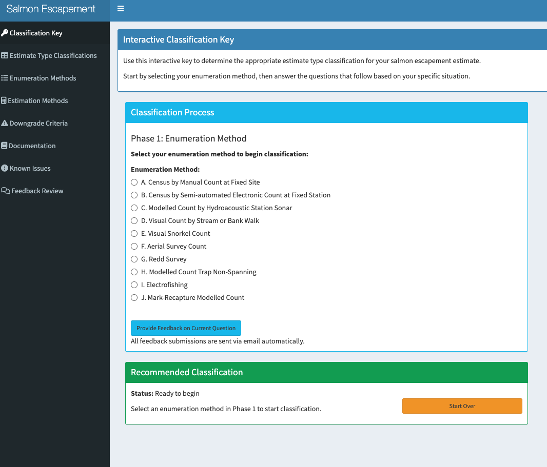 Salmon Escapement Estimates Classification Toolkit interface